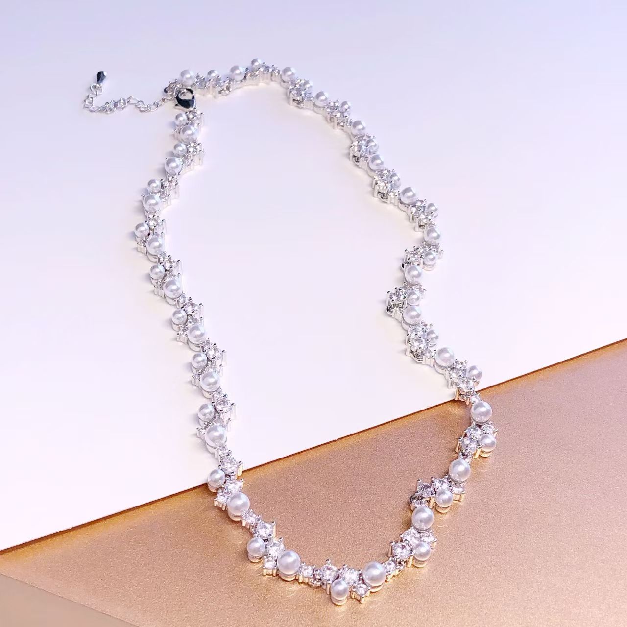Pearl and diamond collarbone necklace
