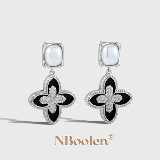 Four Leaf Clover Micropavé Black Earrings