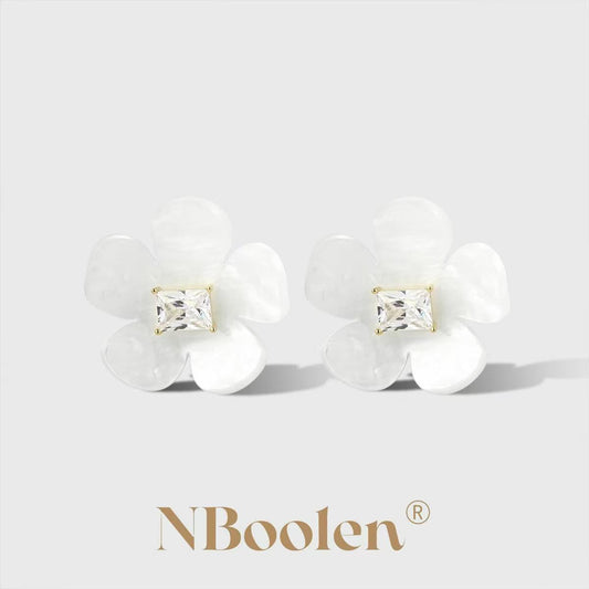 Pearlized White Acrylic with Zirconia Flower Earrings