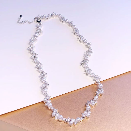 Pearl and diamond collarbone necklace