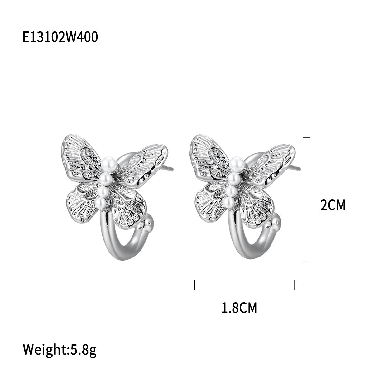 Butterfly-shaped pearl-set C-shaped earrings